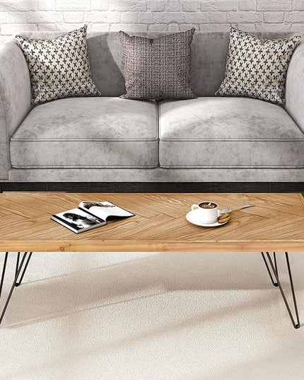 Modern Wood Coffee Table, 1.9 "thickness Coffee Table for Living Room Chevron Pattern & Metal Hairpin Legs - LeafyLoom