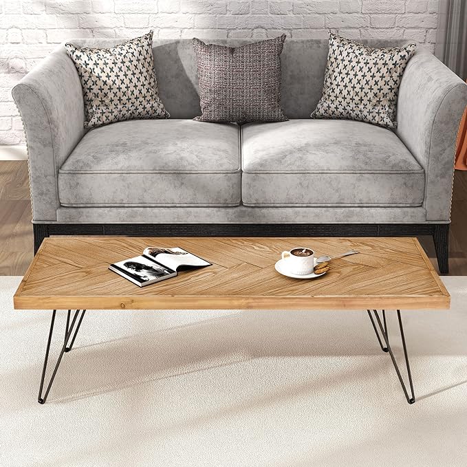 Modern Wood Coffee Table, 1.9 "thickness Coffee Table for Living Room Chevron Pattern & Metal Hairpin Legs - LeafyLoom