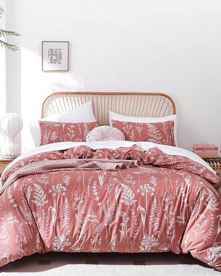 JANZAA Queen Comforter Comforters Queen Size GrayishPink Bedding Cute Floral Bed Set, Lightweight Soft Botanical Flower Comforter and 2 Pillow Cases All Season - LeafyLoom