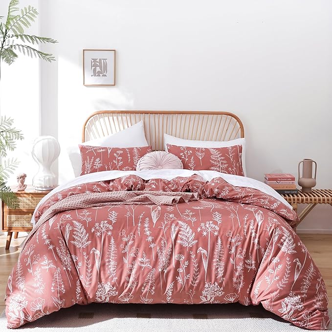 JANZAA Queen Comforter Comforters Queen Size GrayishPink Bedding Cute Floral Bed Set, Lightweight Soft Botanical Flower Comforter and 2 Pillow Cases All Season - LeafyLoom