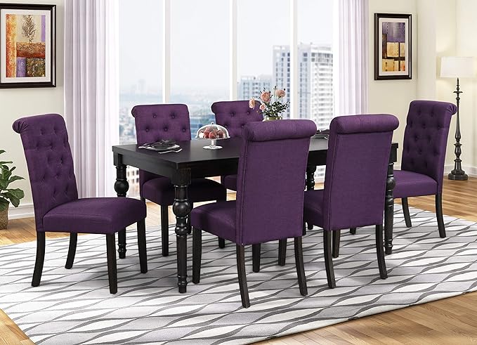Roundhill Furniture Leviton Urban Style Dark Washed Wood Dining Set: Table and 6 Chairs, Purple - LeafyLoom