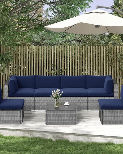 SUNVIVI OUTDOOR 7 Piece Patio Furniture Sets All Weather Grey PE Wicker Couch Sofa with Glass Table, Removable Navy Blue Cushions - LeafyLoom