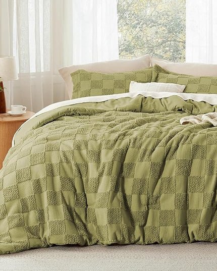Bedsure Twin/Twin XL Comforter Set Beige, Boho Tufted Bedding Comforter Set, Checkered Farmhouse Shabby Chic Bed Set, 2 Pieces, 1 Plaid Geometric Comforter and 1 Pillow Sham - LeafyLoom