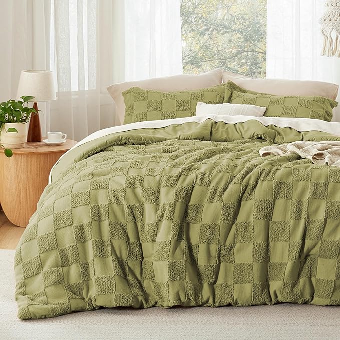 Bedsure Twin/Twin XL Comforter Set Beige, Boho Tufted Bedding Comforter Set, Checkered Farmhouse Shabby Chic Bed Set, 2 Pieces, 1 Plaid Geometric Comforter and 1 Pillow Sham - LeafyLoom