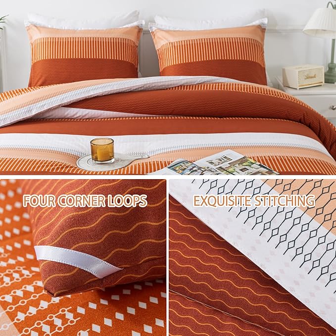 Andency Stripe Comforter Set Queen Size (90x90 Inch), 3 Pieces Terracotta Patchwork Striped Comforter, Soft Microfiber Down Alternative Comforter Bedding Set with Corner Loops - LeafyLoom
