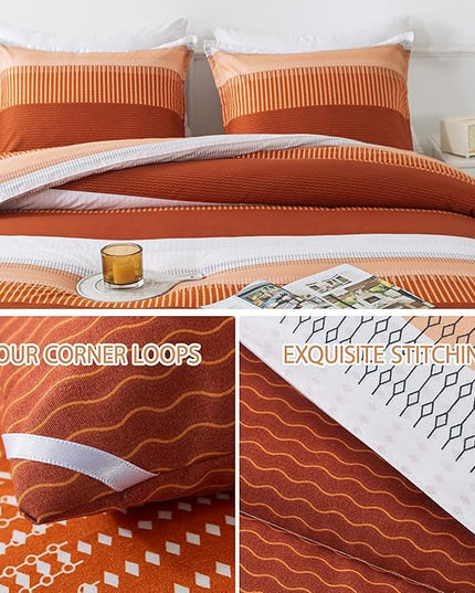 Andency Stripe Comforter Set King Size (104x90 Inch), 3 Pieces Terracotta Patchwork Striped Comforter, Soft Microfiber Down Alternative Comforter Bedding Set with Corner Loops - LeafyLoom
