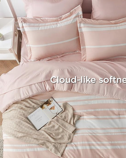 Bedsure Bed in a Bag King Size 7 Pieces, Light Pink White Striped Bedding Comforter Sets All Season Bed Set, 2 Pillow Shams, Flat Sheet, Fitted Sheet and 2 Pillowcases - LeafyLoom