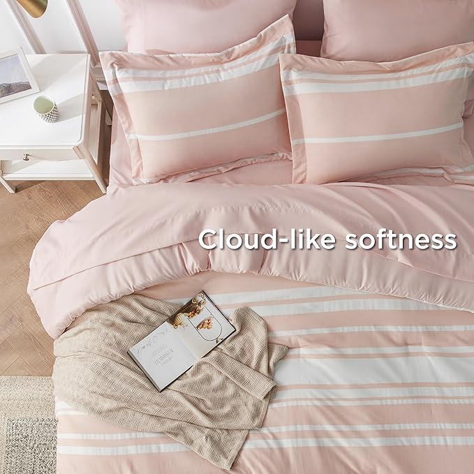 Bedsure Bed in a Bag King Size 7 Pieces, Light Pink White Striped Bedding Comforter Sets All Season Bed Set, 2 Pillow Shams, Flat Sheet, Fitted Sheet and 2 Pillowcases - LeafyLoom