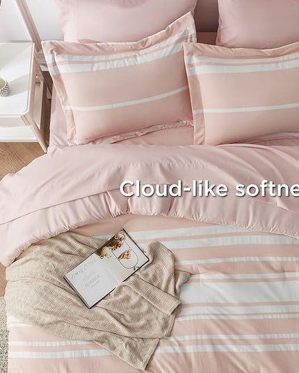 Bedsure Pink Comforter Set Full 7 Pieces, Light Pink White Striped Bedding Sets All Season Bed Set, 2 Pillow Shams, Flat Sheet, Fitted Sheet and 2 Pillowcases - LeafyLoom