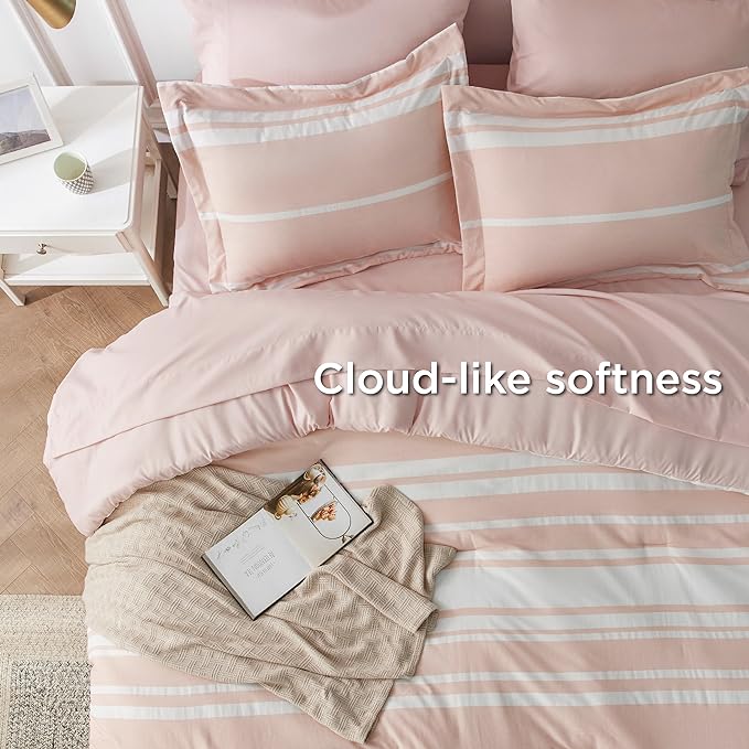 Bedsure Light Pink Comforter Set Queen 7 Pieces, Light Pink White Striped Bedding Sets All Season Bed in a Bag, 2 Pillow Shams, Flat Sheet, Fitted Sheet and 2 Pillowcases - LeafyLoom