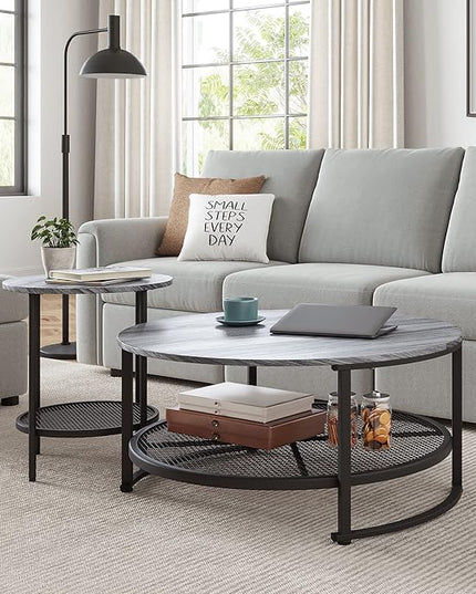 LINSY Home Round Coffee Table Set of 2 for Living Room, Grey Coffee Table with Open Storage,Wood Surface Top & Sturdy Metal Legs Large Circle Coffee Table for Industrial or Modern Design Home - LeafyLoom