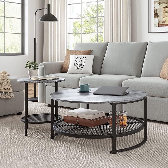 LINSY Home Round Coffee Table Set of 2 for Living Room, Grey Coffee Table with Open Storage,Wood Surface Top & Sturdy Metal Legs Large Circle Coffee Table for Industrial or Modern Design Home - LeafyLoom