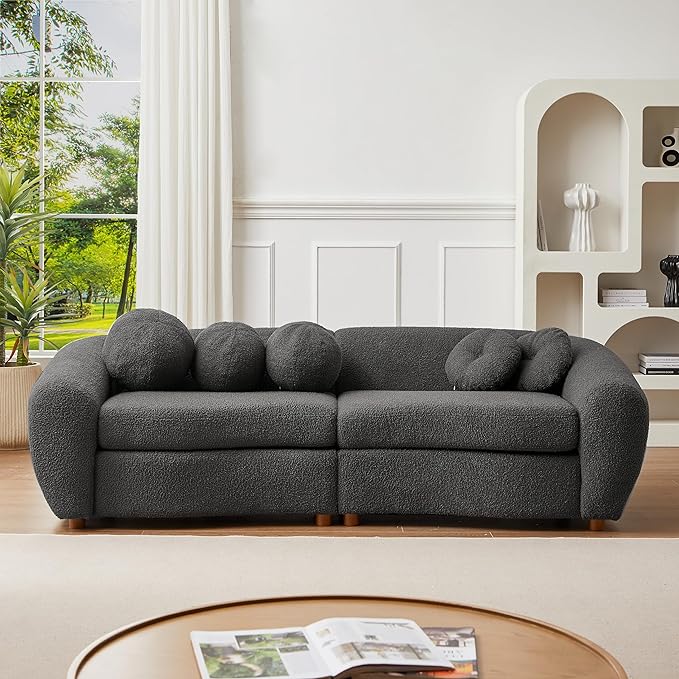 Modern Cloud Curved Sofa Comfy Boucle Couch, Luxury 3 Teddy Fabric Upholstered Leisure Deap Seat Sectional Sofá with 5 Decorative Throw Pillows for Living Room, Gray 87.7" w - LeafyLoom