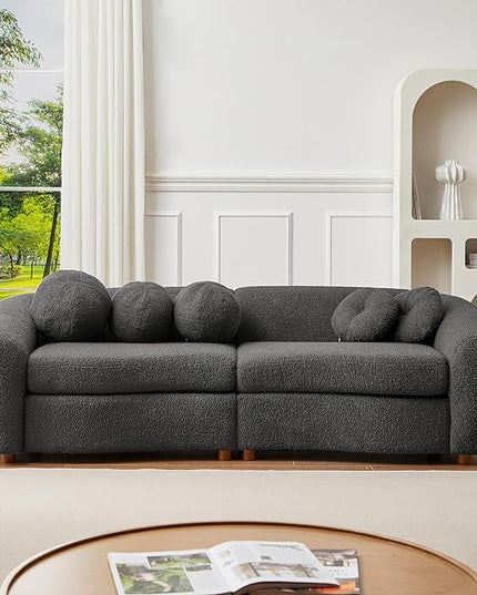 Seater Sofa&Couch Modern Cloud Curved Sofa Comfy Boucle Couch, Luxury 3 Teddy Fabric Upholstered Leisure Deap Seat Sectional Sofá with 5 Decorative Throw Pillows for Living Room, 87.7", Grey-338 - LeafyLoom