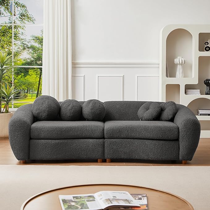 Seater Sofa&Couch Modern Cloud Curved Sofa Comfy Boucle Couch, Luxury 3 Teddy Fabric Upholstered Leisure Deap Seat Sectional Sofá with 5 Decorative Throw Pillows for Living Room, 87.7", Grey-338 - LeafyLoom