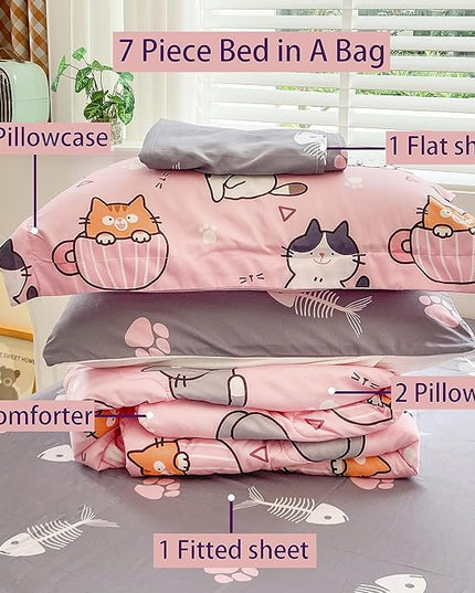 7 Piece Girls Cats Comforter Set Twin Size Bed in A Bag Pink Cute Cartoon Pet Cat Bedding Set for Kids Boys Teens (1 Comforter, 1 Flat Sheet, 1 Fitted Sheet, 4 Pillow Sham) Gray - LeafyLoom