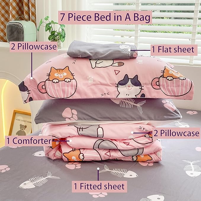 7 Piece Girls Cat Comforter Set Full Size Bed in A Bag Pink Cute Cartoon Pet Cats Bedding Set for Kids Boys Teens (1 Comforter, 1 Flat Sheet, 1 Fitted Sheet, 4 Pillow Sham) Gray - LeafyLoom