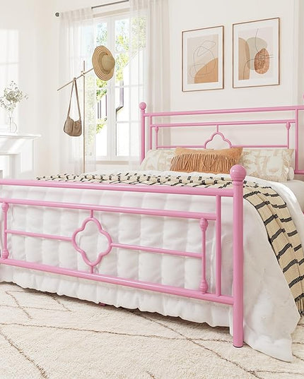 Allewie Full Size Metal Platform Bed Frame with Victorian Vintage Headboard and Footboard/Mattress Foundation/Under Bed Storage/No Box Spring Needed/Noise-Free/Easy Assembly, Pink - LeafyLoom