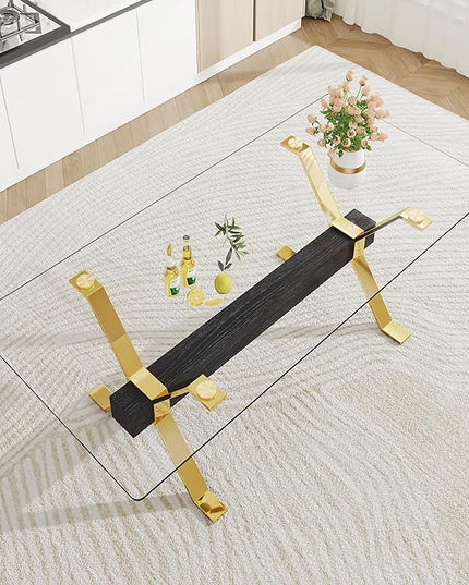 NicBex Dining Table Modern Tempered Glass Dining Table Large Modern Office Desk with Gold Plated Metal Legs and MDF Crossbars, Suitable for Both Home and Office Use, Gold + Black - LeafyLoom