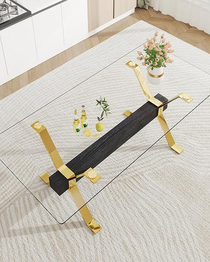 Rectangular Table with Tempered Glass Tabletop,Modern Dinner Desk W/Metal Tubular Legs, Home,Kitchen,Dining Room,Office,Gold, 79" Black Crossbars - LeafyLoom