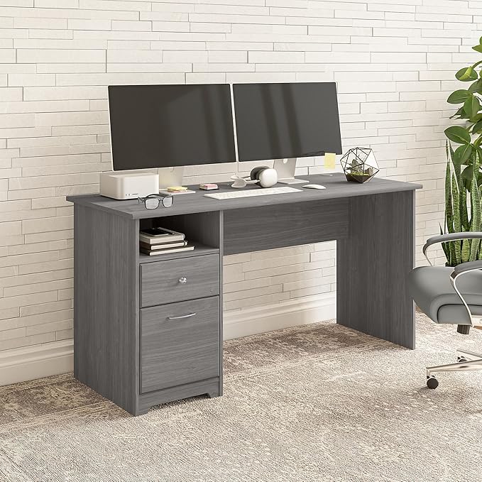 Bush Business Furniture Cabot Desks for Home Office with Storage and Chrome Hardware, Elegant Computer Table with Drawers, 60W, Modern Gray - LeafyLoom