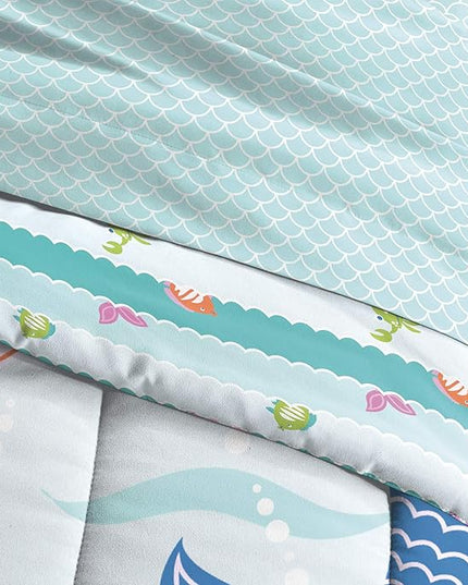 dream FACTORY Kids 5-Piece Complete Set Easy-Wash Super Soft Microfiber Comforter Bedding, Twin, Light Blue Mermaid Dreams - LeafyLoom