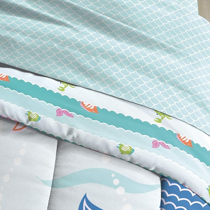 dream FACTORY Kids 5-Piece Complete Set Easy-Wash Super Soft Microfiber Comforter Bedding, Twin, Light Blue Mermaid Dreams - LeafyLoom