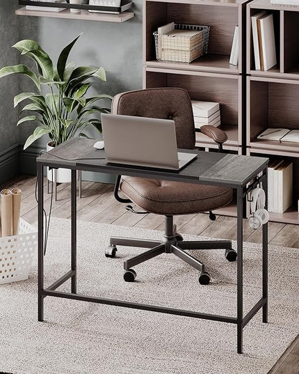 HOOBRO Computer Desk, Home Office Desk with Power Outlet, Modern Study Writing Desk with 3 Hooks for Study Room, Home Office, Sturdy and Stable, Easy to Assemble, Charcoal Gray and Black BC41UDN01 - LeafyLoom