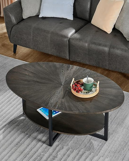 Solid Wood Oval Coffee Table with Cross Metal Legs, 43.3in Modern Industrail Center Table with Open Shelf Cocktail Tea Table for Living Room Bedroom, Rustic Black 1811BK - LeafyLoom