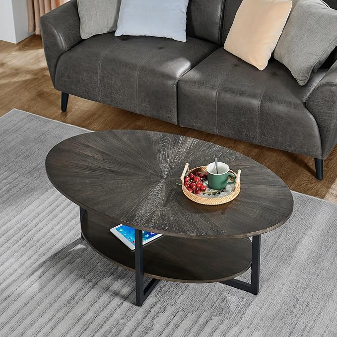 Solid Wood Oval Coffee Table with Cross Metal Legs, 43.3in Modern Industrail Center Table with Open Shelf Cocktail Tea Table for Living Room Bedroom, Rustic Black 1811BK - LeafyLoom