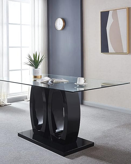 NicBex Modern Minimalist Rectangular Glass Dining Table Contemporary Double Pedestal Dining Table, Tempered Glass Top with MDF Base for Kitchen Dining Living Meeting Room Banquet Hall, Black - LeafyLoom