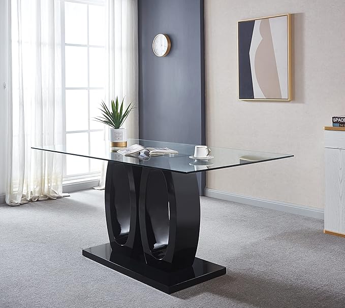 NicBex Modern Minimalist Rectangular Glass Dining Table Contemporary Double Pedestal Dining Table, Tempered Glass Top with MDF Base for Kitchen Dining Living Meeting Room Banquet Hall, Black - LeafyLoom