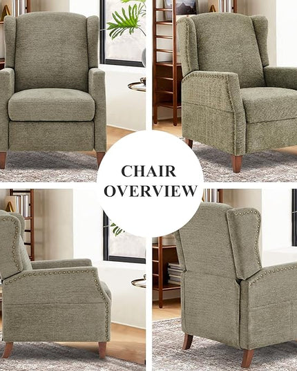 COLAMY Wingback Pushback Recliner Storage Pocket Upholstered Fabric Living Room Chair Armchair, with Wood Legs and Nailhead Trim, Green - LeafyLoom