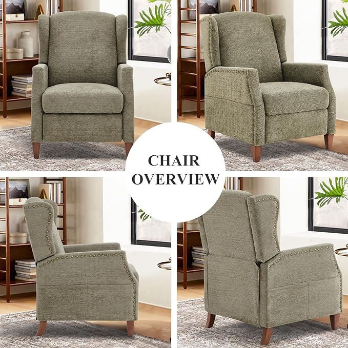 COLAMY Wingback Pushback Recliner Storage Pocket Upholstered Fabric Living Room Chair Armchair, with Wood Legs and Nailhead Trim, Green - LeafyLoom
