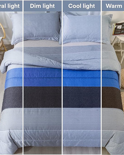 Andency Twin Comforter Set Blue (66x90 Inch), 2 Pieces Patchwork Striped Comforter Bed Sets for Boys, Soft Microfiber Down Alternative Comforter Bedding Set with Corner Loops - LeafyLoom