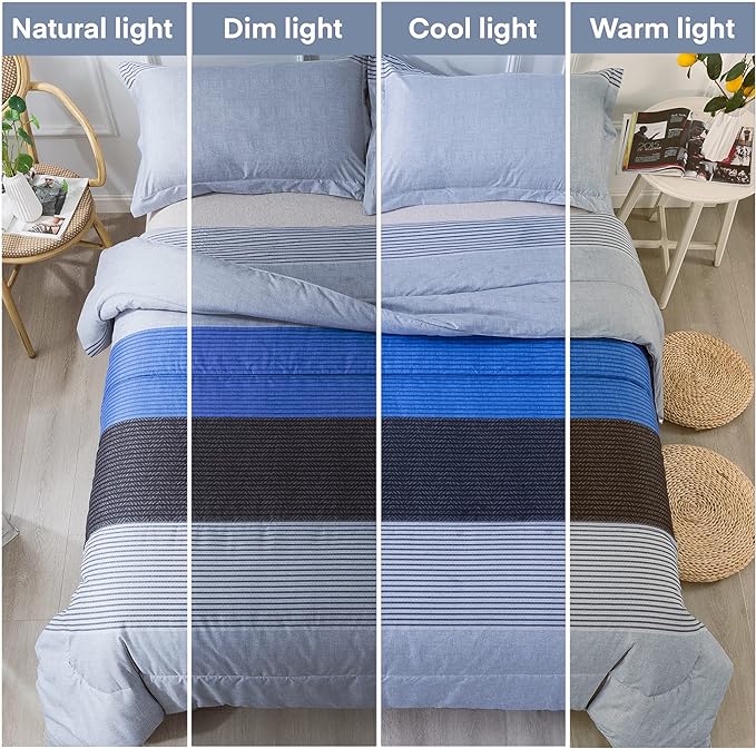 Andency Twin Comforter Set Blue (66x90 Inch), 2 Pieces Patchwork Striped Comforter Bed Sets for Boys, Soft Microfiber Down Alternative Comforter Bedding Set with Corner Loops - LeafyLoom