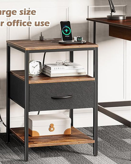 SUPERJARE Night Stand with Charger Station, 27.7 Inch Tall Nightstand with Adjustable Fabric Drawer, Bed Side Table, Fabric Drawer Dresser for Bedroom, Living Room, Rustic Brown and Black - LeafyLoom