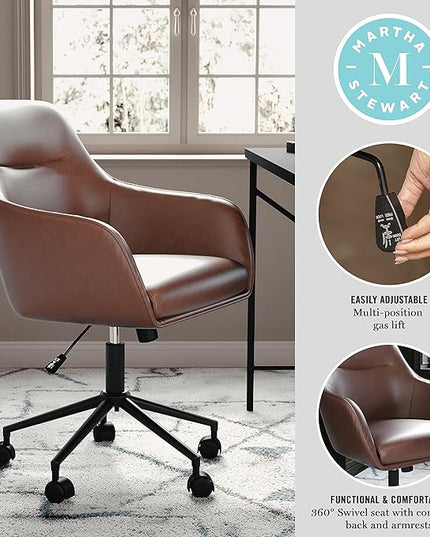 Martha Stewart Rayna Swivel Task Chair with Flared Arms for Home Office in Saddle Brown Faux Leather with Oil Rubbed Bronze Frame - LeafyLoom