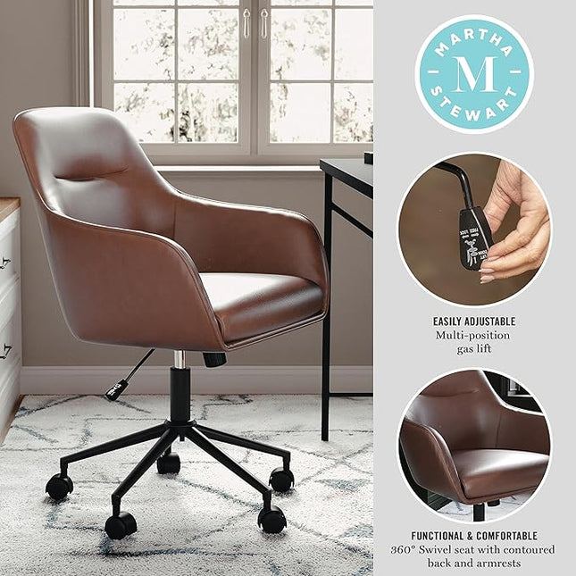Martha Stewart Rayna Swivel Task Chair with Flared Arms for Home Office in Saddle Brown Faux Leather with Oil Rubbed Bronze Frame - LeafyLoom