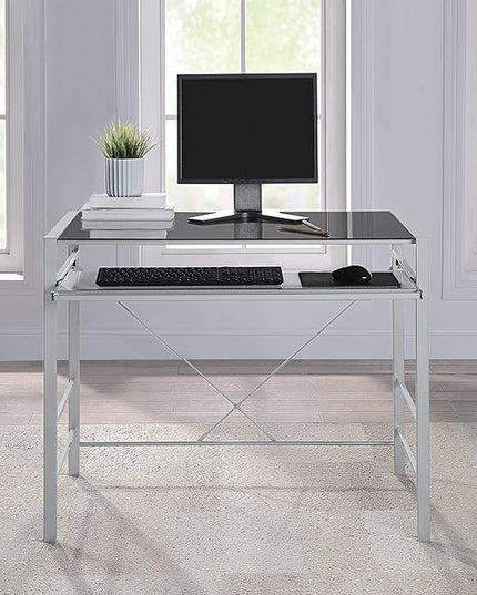 OSP Home Furnishings Zephyr Computer Desk with Keyboard Shelf and Tempered Glass Top, Black Glass and Silver Frame - LeafyLoom