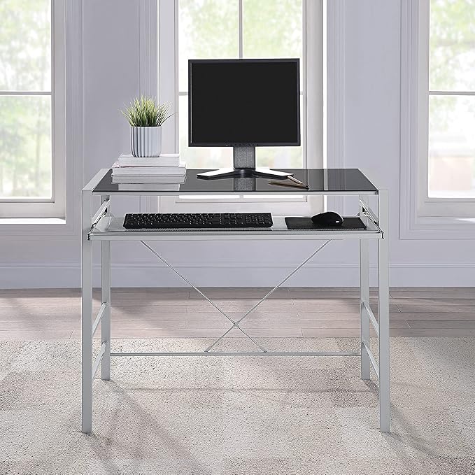 OSP Home Furnishings Zephyr Computer Desk with Keyboard Shelf and Tempered Glass Top, Black Glass and Silver Frame - LeafyLoom