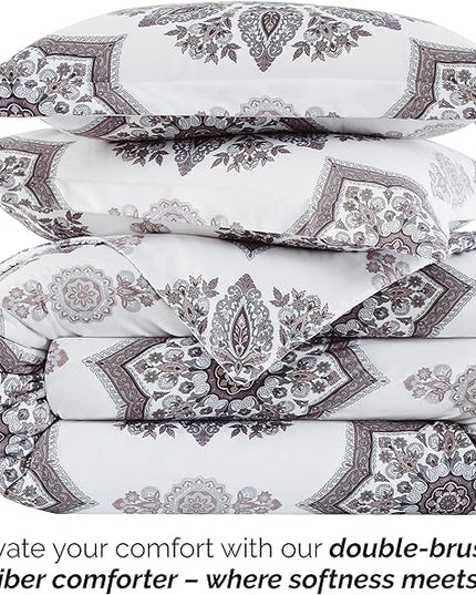 Southshore Fine Living, Inc. Oversized Full/Queen Comforter Bedding Set, Down Alternative Boho Bedspread, Paisley Floral Print Comforter, Full Size/Queen with 2 Matching Shams, Grey on White - LeafyLoom