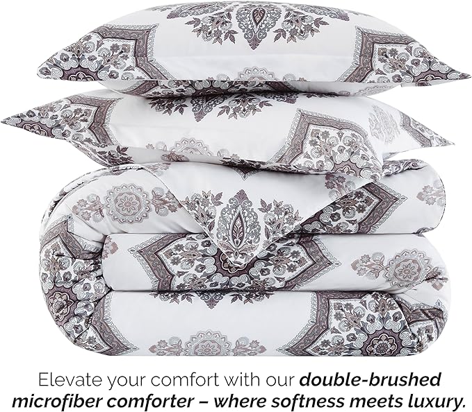 Southshore Fine Living, Inc. Oversized Full/Queen Comforter Bedding Set, Down Alternative Boho Bedspread, Paisley Floral Print Comforter, Full Size/Queen with 2 Matching Shams, Grey on White - LeafyLoom