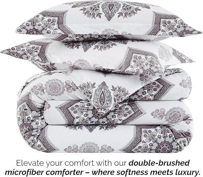 Southshore Fine Living, Inc. Oversized Twin Comforter Bedding Set, Down Alternative Boho Bedspread, Paisley Floral Print Comforter, Twin or Twin XL Comforter with Matching Sham, Grey on White - LeafyLoom