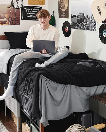 Bedsure Black Twin XL Comforter Set - 5 Pieces Reversible Black Bed Set Twin XL with Comforters, Sheets, Pillowcase & Sham, Black Bedding Set for College - LeafyLoom