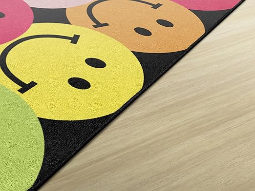 Flagship Carpets Schoolgirl Style Big Rainbow Smiley Faces Educational Area Rug for Kids Room Seating Décor, Children's Classroom, Play Carpet for Teaching and Playroom, 5' x 7'6", Black & Multi - LeafyLoom
