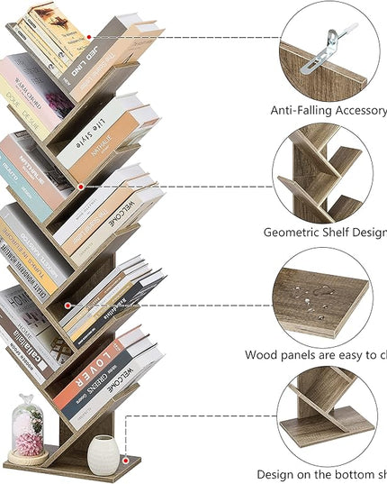 Hoctieon 10 Tier Tree Bookshelf, 10 Shelf Bookcase, Free Standing Tree Bookcase, Display Floor Standing Shelf for Books, Book Organizer Shelves for Home Office, Living Room, Bedroom, Greige - LeafyLoom