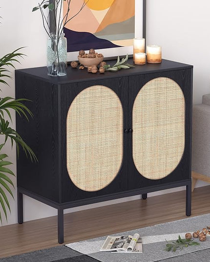 XIAO WEI Sideboard Cabinet with Handmade Natural Rattan Doors, Rattan Cabinet Accent Buffet Cabinet Console Table, for Living Room Dining Room Hallway kitchen-2 Pieces(Black Oval) - LeafyLoom