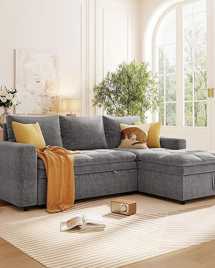 89'' L Shaped Upholstered Convertible Sleeper Sectional Sofa with Storage Chaise and Pull-Out Bed, 3-Seat Reversible Corner Couches for Living Rooms, Offices, Apartment, Gray, 89 Inch - LeafyLoom