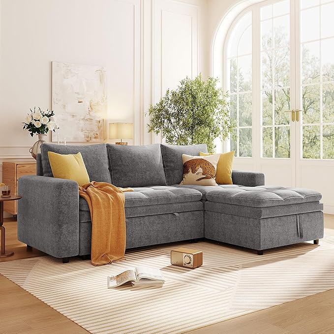 89'' L Shaped Upholstered Convertible Sleeper Sectional Sofa with Storage Chaise and Pull-Out Bed, 3-Seat Reversible Corner Couches for Living Rooms, Offices, Apartment, Gray, 89 Inch - LeafyLoom